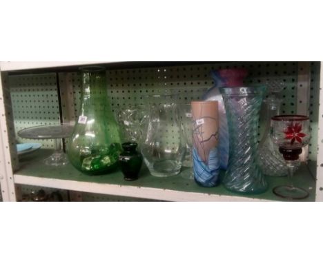 SHELF OF GLASS VASES, DECANTERS ETC