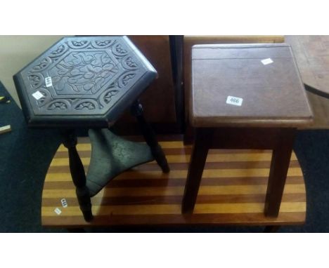 UNUSUAL COFFEE TABLE, SMALL CARVED TRIPOD TABLE &amp; OAK STOOL