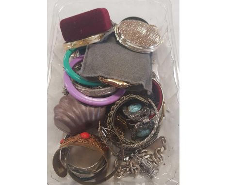 TWO CARTONS OF COSTUME JEWELLERY INCL; PEARL NECKLACES, STONE NECKLACES, POWDER COMPACTS &amp; BRACELETS