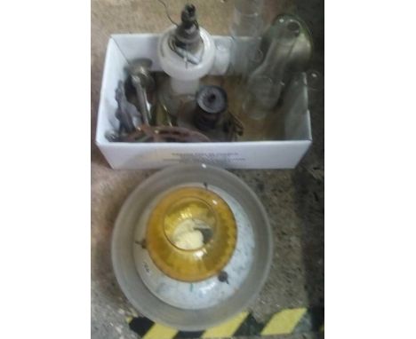 CARTON WITH VARIOUS GLASS OIL LAMP CHIMNEY'S, METAL MINCER'S, HORSE BIT, VARIOUS LAMPS &amp; GLASS LIGHT SHADES