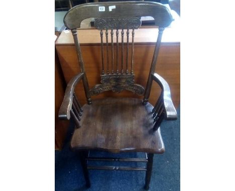 FINE QUALITY CARVED OAK CARVER CHAIR WITH STICK BACK