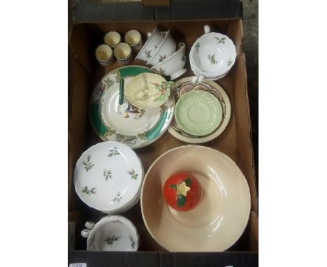 CARTON WITH CAKE DISH WITH HANDLING STEM, CUPS &amp; SAUCERS WITH WILD FLOWER DECORATION &amp; OTHER CHINA