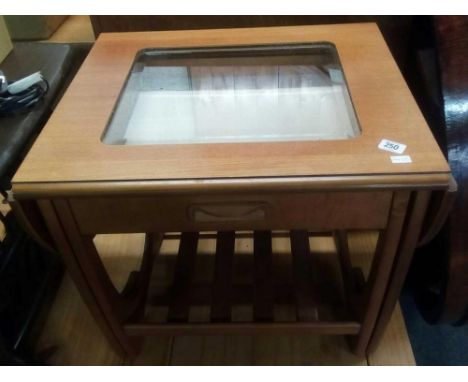 FINE QUALITY MID CENTURY G-PLAN GLASS TOP COFFEE TABLE WITH MAGAZINE SHELF WITH DRAWER &amp; DROP FLAPS