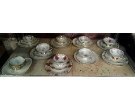 SHELF WITH VARIOUS BAVARIAN CUPS, SAUCERS &amp; PLATES