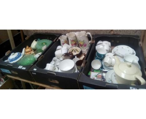 THREE CARTONS OF MIXED CHINAWARE INCL; GRADUATED JUG SET, GREEN GLASS PLATES &amp; BOWLS, TEA POTS, CUPS &amp; SAUCERS