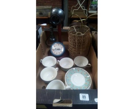 CARTON WITH CHURCHILL CUPS &amp; SAUCERS, DECORATIVE LAMP SHADE &amp; NOVELTY TELEPHONE CLOCK