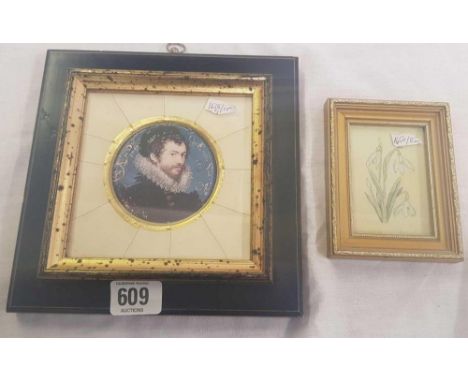 CIRCULAR PORTRAIT MINIATURE, A SELF-PORTRAIT BY NICOLA HILLYARD TOGETHER WITH A SMALL WATERCOLOUR OF SNOWDROP'S, SIGNED &amp;