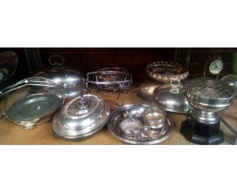 SHELF OF PLATED WARE INCL; BOWLS, TERRENE'S &amp; POT STAND 