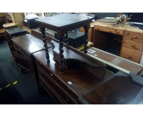 OAK BEADED FRONT CHEST OF DRAWERS, CUPBOARD &amp; STORAGE SHELF &amp; A SMALL OAK COFFEE TABLE WITH BARLEY TWIST LEGS