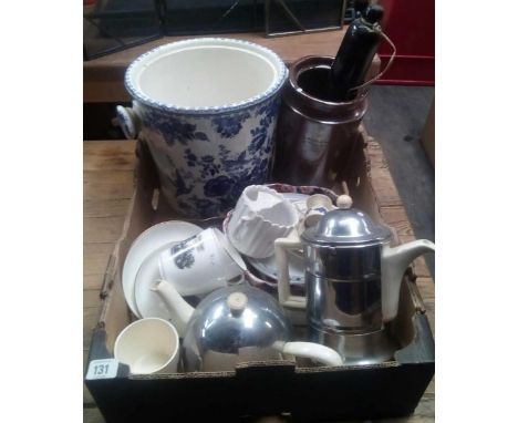 CARTON WITH VARIOUS CHINA INCL; BLUE &amp; WHITE GLAZED HANDLED SLOP BUCKET, GLASS ROLLING PIN, TEA &amp; COFFEE POT