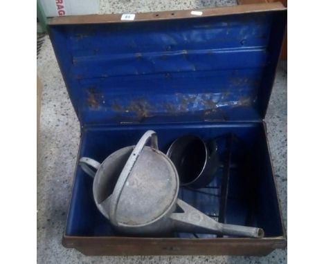 BROWN TIN TRUNK A/F WITH SAUCEPAN, GALVANISED WATERING CAN &amp; METAL FLOWER BASKET