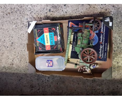 CARTON WITH MODEL TRACTION ENGINE, PUZZLE GAMES &amp; SEWING ACCESSORIES