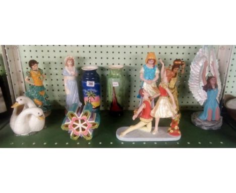 SHELF OF FIGURINES, STUDIO POTTERY ETC