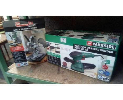 POWER FIX ANGLE GRINDER STAND &amp; A PARK SIDE ORBITAL SANDER - BOTH IN BOXES
