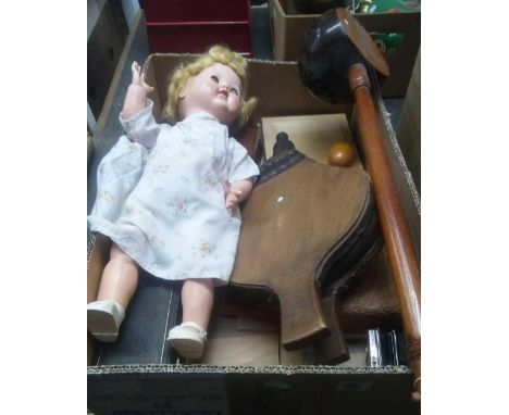 CARTON WITH A DOLL, PAIR OF FIRE BELLOWS, WOODEN TRINKET BOX &amp; STRINGED INSTRUMENT MADE FROM A COCONUT SHELL 