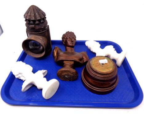 A tray of classical style busts, metal bust on stand, antique carbide lamp 