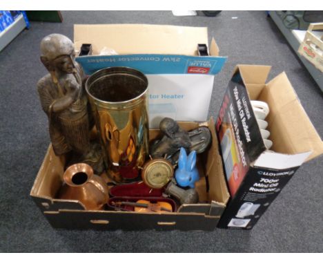 A box of brass stick stand, antique copper jug, ship's barometer, Sylvac rabbit, two boxed electric heaters 