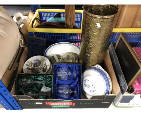 A box of brass stick pot, crystal glasses, decorative plates 