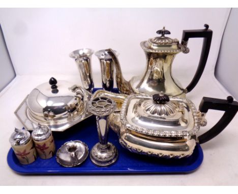 A tray of silver plated items including three piece tea set, muffin dish, vases etc 