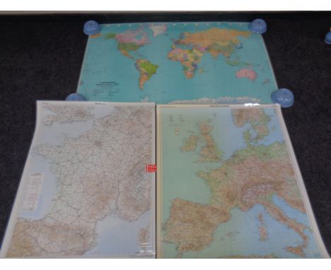 A card table together with plastic trolley stand, rolled maps 