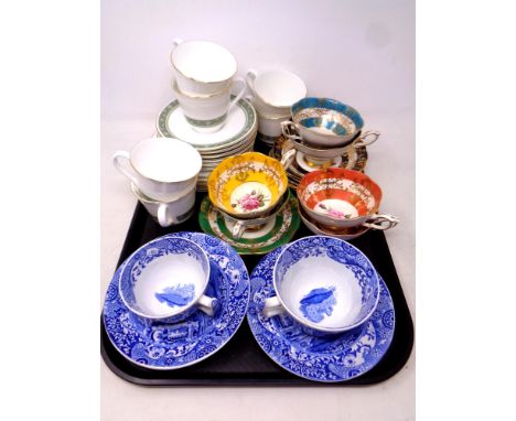 A tray of Spode Italian blue and white cups and saucers, Royal Doulton Rondelay and Royal Standard tea china etc 