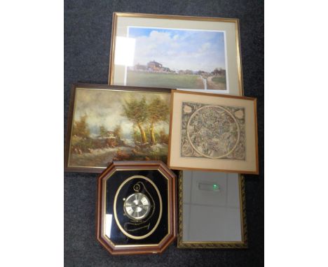 A quartz wall clock in frame together with a gilt framed mirror , Dwelling in rural landscape, Roy perry signed limited editi