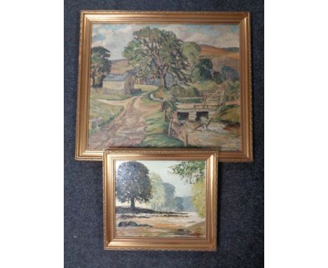An oil on board depicting trees by a bridge, together with a further oil on board signed K Johsnon. (2)
