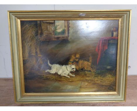 An overpainted print - Terriers in a barn 