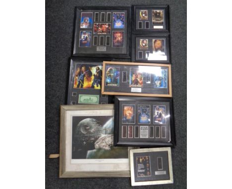A collection of framed movie montages, Star Wars, Lord of the Rings etc 