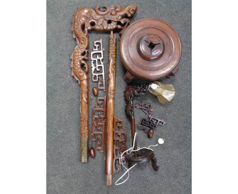 A 20th century carved Chinese style dragon floor lamp (Af), together with similar table lamp 