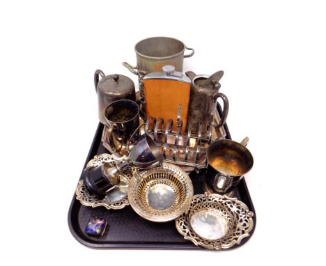 A tray of silver plated items including dishes, toast rack, hip flask and tray etc 