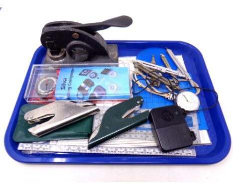 A tray of compass, metal stamp, draughtman's items etc 