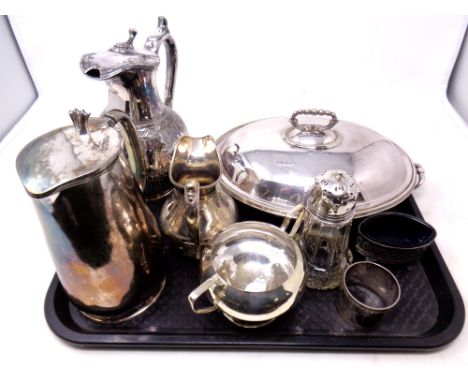 A tray of silver plated items, hot water jug, breakfast dish with cover, sugar sifter 