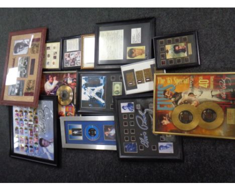 A quantity of Elvis memorabilia including copy of birth certificate, disc montages etc 