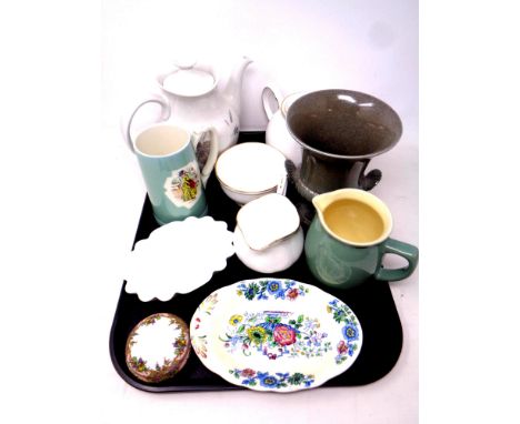 A tray of ceramics, Limoges lidded dish, Masons dish, Denby jug, Wedgwood vase, Royal Doulton teapot, Duchess Ascot sugar bas