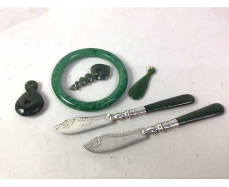 PAIR OF JADE BUTTER KNIVES WITH SILVER BLADES, AND FURTHER JADE  the knives with Birmingham assay marks, along with a bangle 