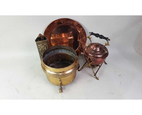 ARTS & CRAFTS COPPER PLAQUE, ALONG WITH A PLANTER, KETTLE AND WALL POCKET the plaque embossed with stylised floral motifs, in