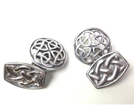 PAIR OF IONA SILVER CUFFLINKS, AND TWO NECKLACES the cufflinks with pierced Celtic designs, the Iona cross pendant in silver 