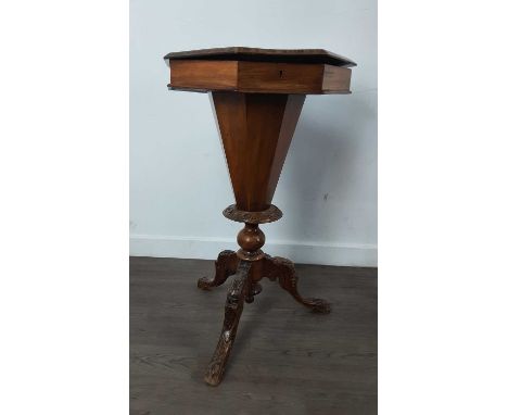 VICTORIAN WALNUT OCTAGONAL NEEDLEWORK TABLE, the hinged top revealing a fitted interior, on tripod legs43cm wide