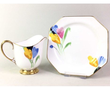 PARAGON HAND PAINTED PART TEA SERVICE, decorated with crocus, comprising cups, saucers, sugar, cream and two biscuit plates 