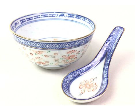 SET OF SIX CHINESE BOWLS, LATE 20TH CENTURY  the circular bowls with spoons, along with Japanese kutani coffee cans and sauce