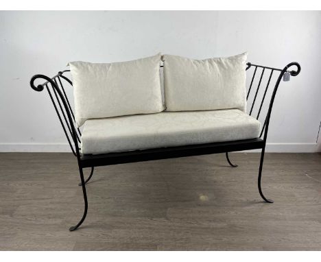 WROUGHT IRON SOFA, ALONG WITH A JARDINIERE AND STOOL OF SIMILAR DESIGN the sofa with cream upholstered cushionsofa 137cm wide