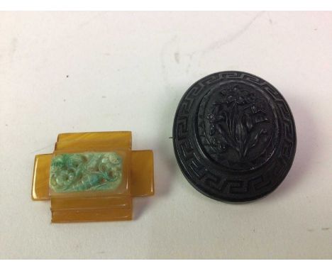 ART DECO BROOCH, ALONG WITH A GUTTA PERCHA BROOCH the first with simulated jade mount4cm wide