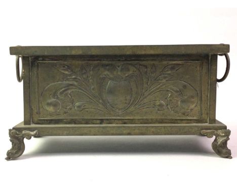 ARTS & CRAFTS BRASS PLANTER, LATE 19TH CENTURY  of rectangular form, repoussé with stylised scrolling foliate designs and wit