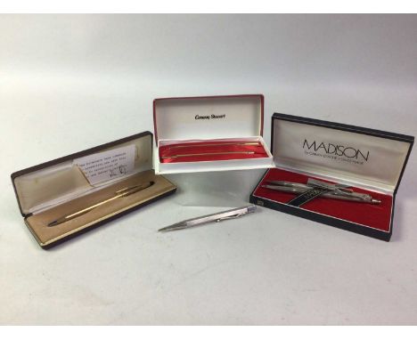 SILVER CASED ROLLER BALL PEN, MADISON BY CARAN D'ACHE also a silver cased propelling pencil and a group of other vintage pens