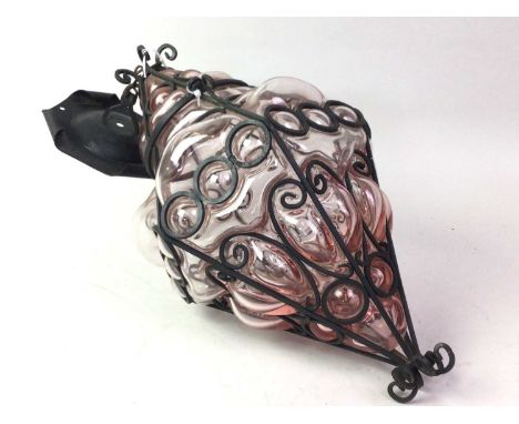 WROUGHT IRON AND GLASS WALL LANTERN, ALONG WITH FURTHER ITEMS including a retro glass vase, a bust display on stand and a dec