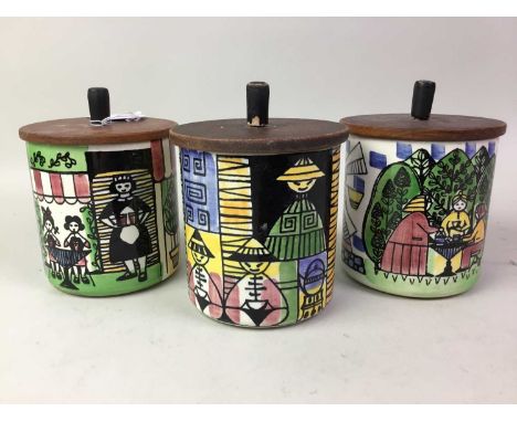 SET OF THREE CERAMIC CANISTERS WITH TEAK LIDS, AND OTHER ITEMS  the canisters by Anita Nylund for Jie of Sweden, along with g