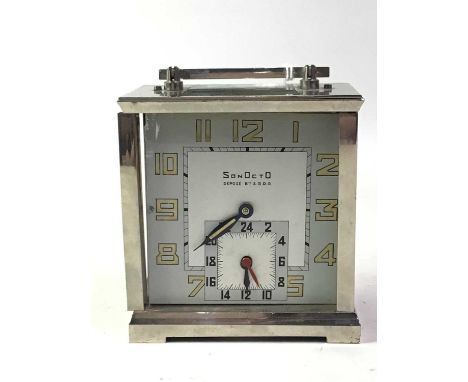 ART DECO FRENCH SONOCTO ALARM CLOCK, with chrome frame and carry handle, raised on bracket feet, complete with key9.5cm highO