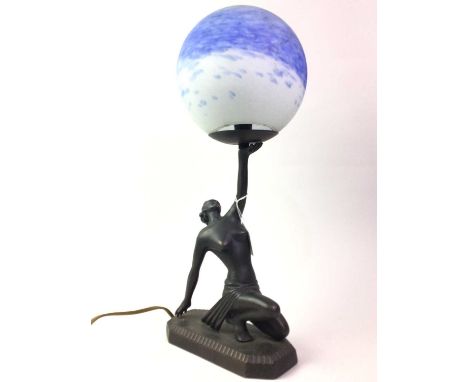 ART DECO BRONZED METAL TABLE LAMP, EARLY / MID 20TH CENTURY modelled as a semi-nude female, with globular glass shade and rai