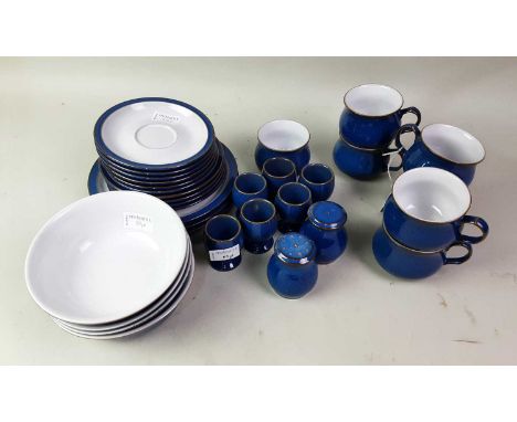 DENBY BREAKFAST SERVICE. MOTTLED BLUE GROUND comprising six egg cups, six cups, six saucers, four side plates, four cereal bo